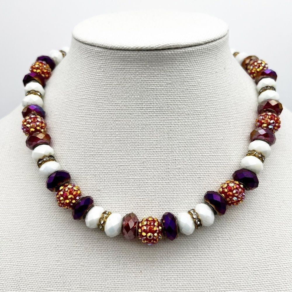 White Red Iridescent Studded Faceted Bead Rhinestone Necklace Fashion Jewelry
